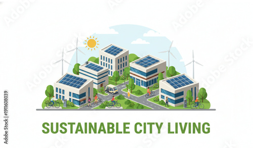 Sustainable city vector illustration with green energy and eco-friendly lifestyle concept