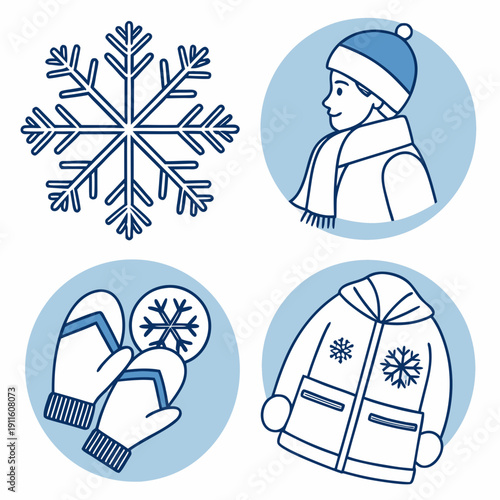 Four different winter activities and symbols representing the cold season Vector