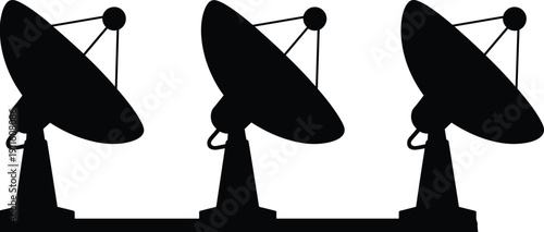 Black silhouette collection of three satellite dish antennas on a platform representing global telecommunications deep space exploration and signal broadcasting isolated on white background