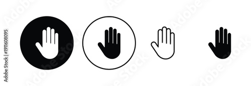 Collection of hand icons in various styles representing stop, warning, and greeting gestures