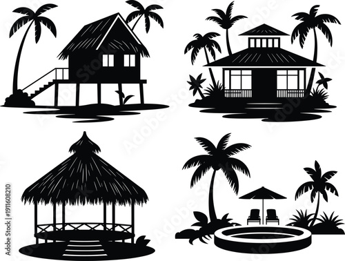 Black silhouette collection of tropical beach resort bungalows with palm trees thatched roofs and swimming pool isolated on white background for luxury travel design