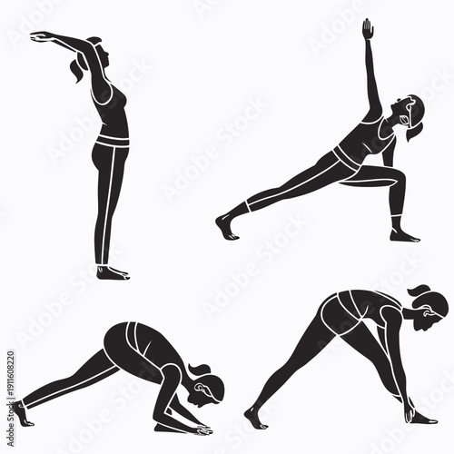 Four individuals performing various yoga poses in a sequence. Vector