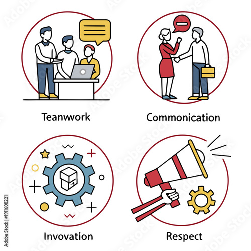 Illustrations of key skills and qualities for effective teamwork and collaboration Vector