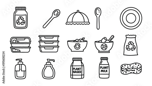 Eco-Friendly Essentials Collection: A collection of various eco-friendly items, showcasing the essence of sustainability, including containers, utensils, and recyclable materials.