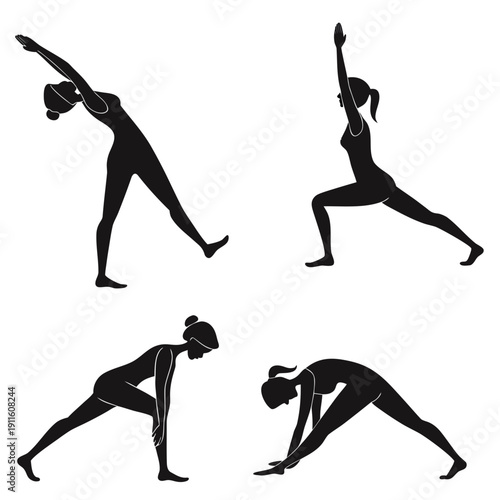 Four individuals performing various yoga poses in a sequence of movements Vector
