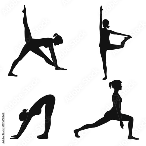 Four silhouettes of people performing various yoga poses against a white background Vector