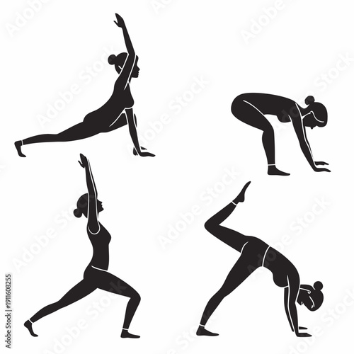 Four women performing yoga poses in a sequence, demonstrating flexibility and strength. Vector