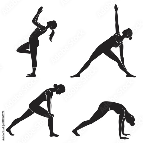 Four different yoga poses demonstrated by silhouettes on a white background Vector
