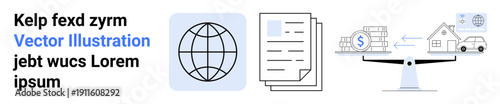 Global economy, finance, wealth distribution, budgeting, data analysis, decision-making. Globe symbol, documents scales and icons economic balance. Global economy and finance ion