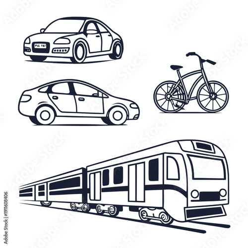 A diverse collection of transportation methods including cars, a bicycle, and a train. Vector