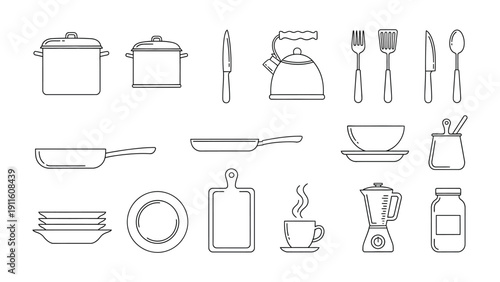 Essential Culinary Tools: A meticulous outline presents an array of essential kitchen tools, each item poised to enhance your culinary experience, and a symbol of functional elegance.