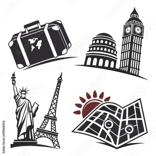 Iconic landmarks from around the world depicted in a vintage style Vector