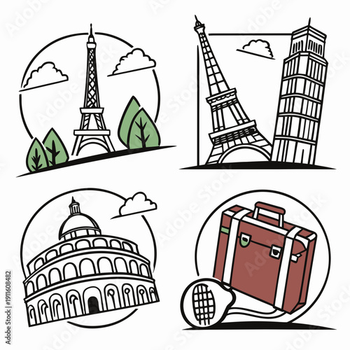 Four distinct illustrations depicting various architectural structures and objects Vector