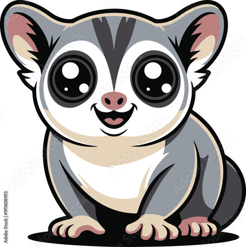 Charming cartoon sugar glider with big eyes, a delightful and friendly kawaii animal character illustration