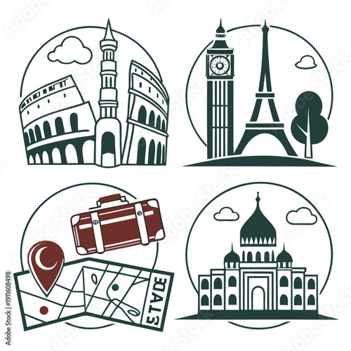 Four distinct icons representing various travel destinations and activities. Vector