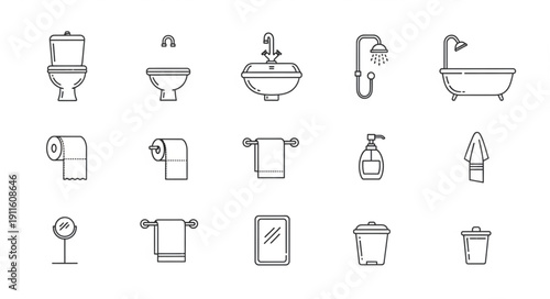 Collection of hand-drawn bathroom icons and symbols.