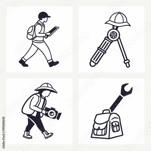 A collection of four icons representing different professions and activities. Vector