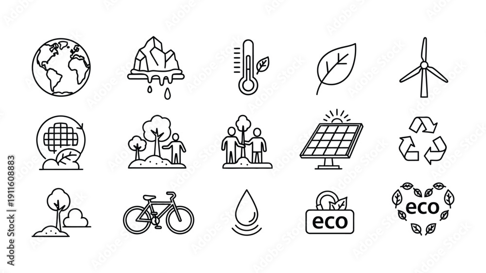Fototapeta premium Eco Icons for Environmental Conservation: A comprehensive set of eco-friendly icons representing concepts for environmental protection and sustainable living. From solar panels to recycling symbols.