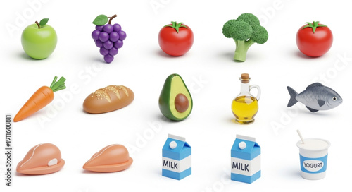 Assortment of fresh healthy food items arranged on a white background.