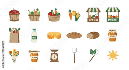 Collection of fresh food and market stall illustrations.