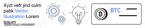 Cryptocurrency, blockchain technology, digital payments, financial innovation, technology concepts, fintech. Bitcoin logo, gears and light bulb icon. Cryptocurrency and blockchain technology