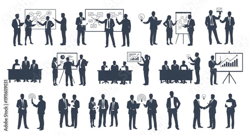 Business Meeting Silhouettes Presentation Teamwork Collaboration.