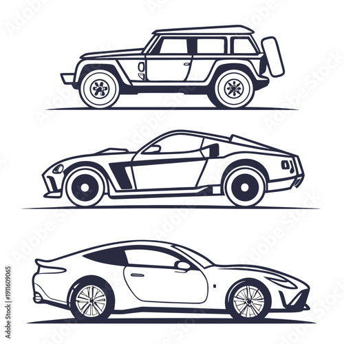 Four distinct cars showcasing different styles and designs in a line-up. Vector