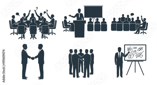 Business meeting and presentation silhouettes set.