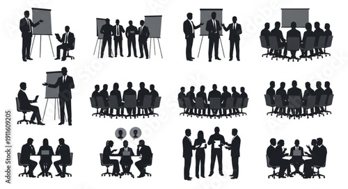 Business meeting and presentation silhouettes collection.