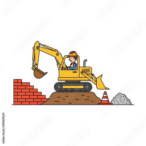 Construction worker operating excavator digging at building site with bricks and materials