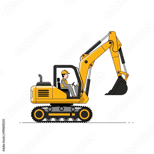 Yellow excavator with operator driving on construction site, heavy machinery, digging equipment