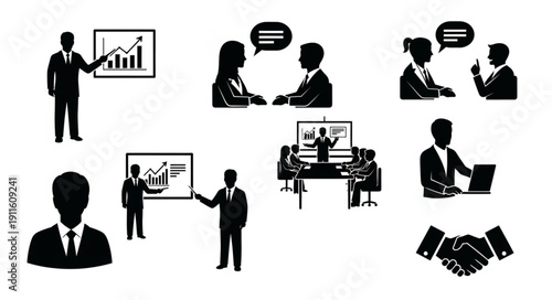 Business meeting and presentation icons silhouette set.