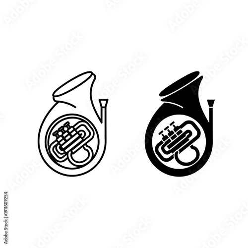 French horn illustrations in black and white Vector