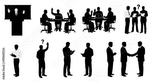 Business meeting and presentation silhouettes collection.