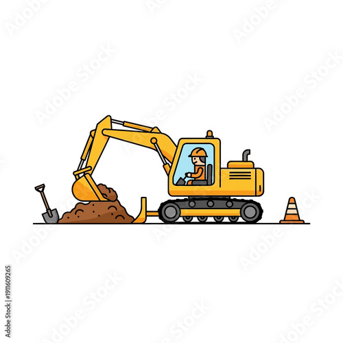 Yellow excavator digging soil with shovel and cone on construction site