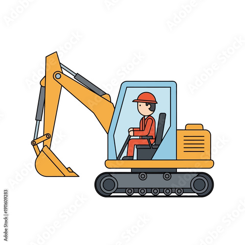 Construction worker operating a yellow excavator on a white background