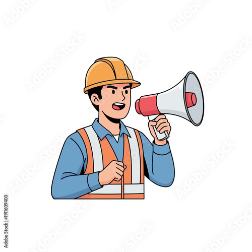 Construction worker in hard hat and vest speaking into megaphone, announcing information