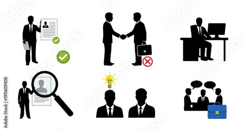 Business meeting and interview icons silhouette set.