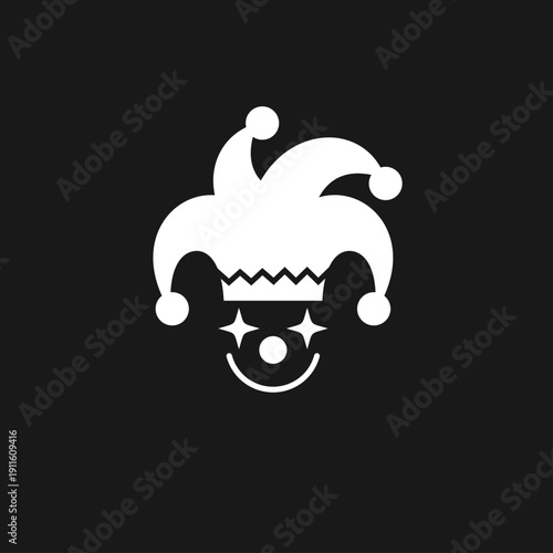 White Jester Hat with Crown and Clown Face Icon on Black Background