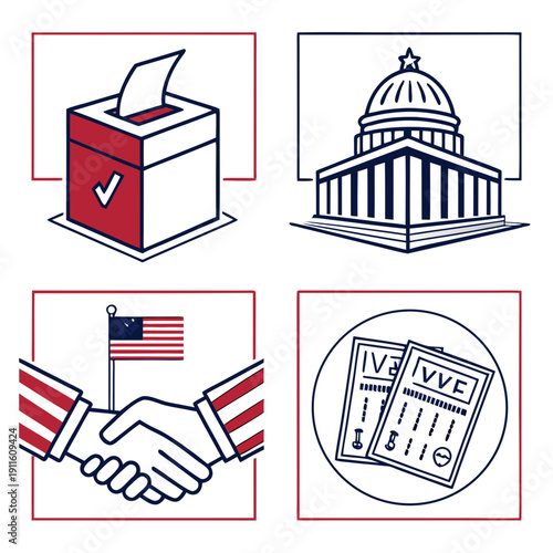 Symbols of democracy and governance including voting, congress, and international relations Vector