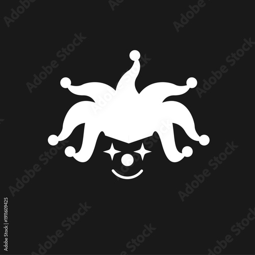 White Jester Hat with Stylized Clown Face Icon on Black Background
