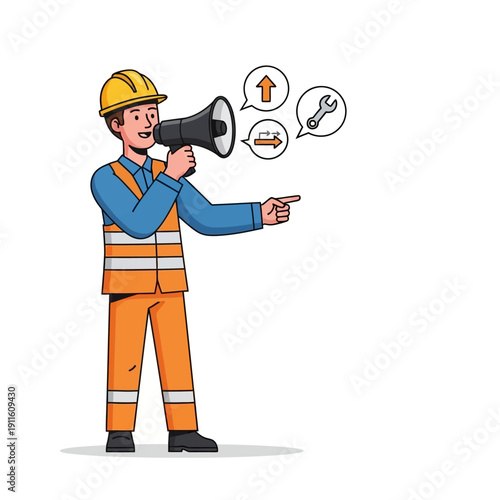 Construction worker with megaphone, pointing, with icons for progress and tools