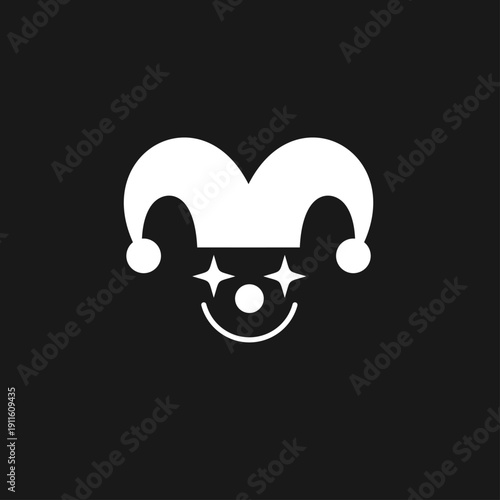 Minimalist White Jester Hat and Clown Face Icon with Star Eyes on Black Background