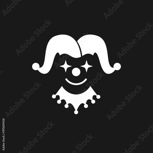 White Jester Face Icon with Star Eyes, Bell Hat, and Collar on Black Background