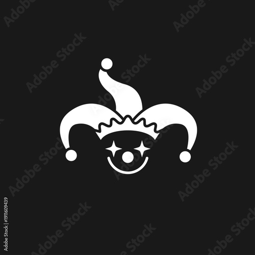 Jester Clown Face Icon with Pointy Hat, Star Eyes, and Smile on Black Background