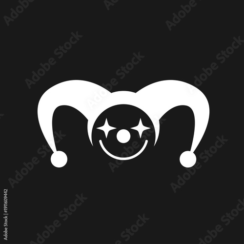 White Jester Hat and Smiling Clown Face Icon on Black Background