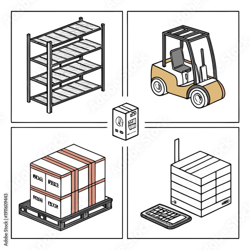 A variety of industrial equipment and materials in a warehouse setting Vector