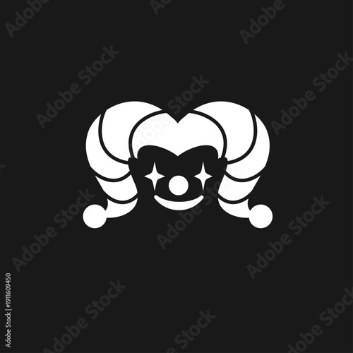 White Jester Clown Hat Icon with Sparkling Eyes and Smile on Black Background