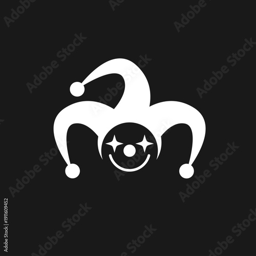 White Jester Hat and Smiling Clown Face Icon on Black Background