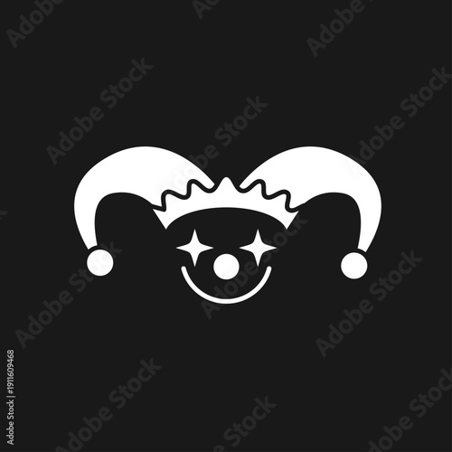 White Jester Hat Clown Face Icon with Star Eyes and Smile on Black Background